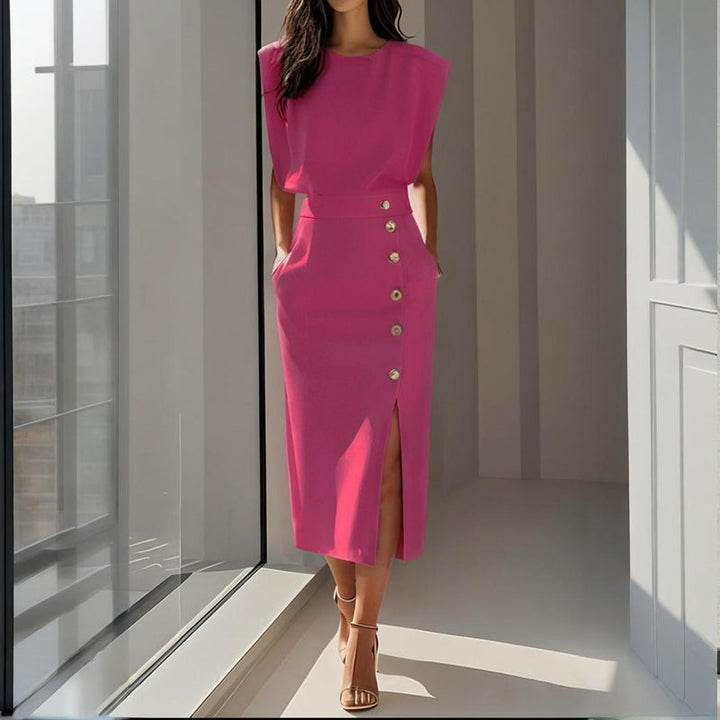 Elegantes Kleid Hochzeitsgast für Damen mit Taillierter Passform und Seitlichem Knopfdetail - Festliches Kleid in Pastellton 5