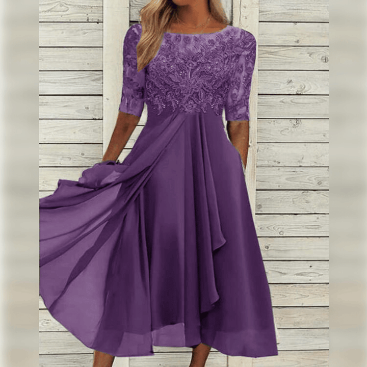 Elegantes Langes Abendkleid mit Spitzenoberteil und Dreiviertelärmeln für Festliche Anlässe 0