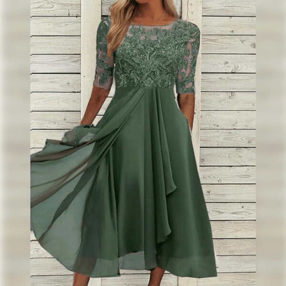 Elegantes Langes Abendkleid mit Spitzenoberteil und Dreiviertelärmeln für Festliche Anlässe 1