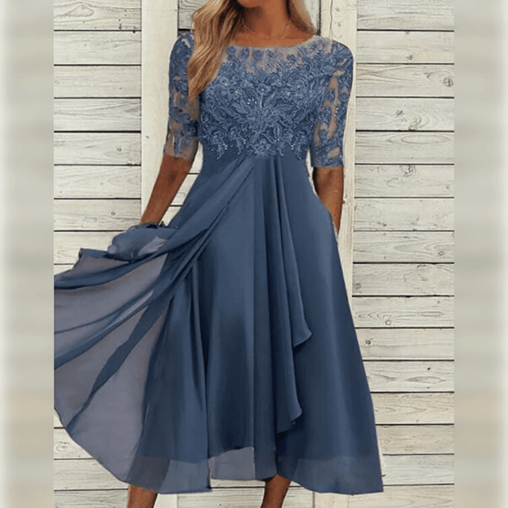 Elegantes Langes Abendkleid mit Spitzenoberteil und Dreiviertelärmeln für Festliche Anlässe 2