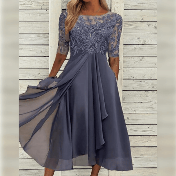 Elegantes Langes Abendkleid mit Spitzenoberteil und Dreiviertelärmeln für Festliche Anlässe 3