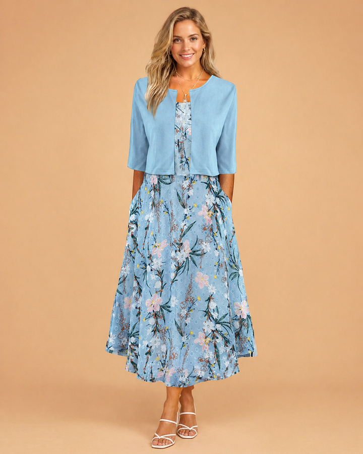 Elegantes Midi-Blumenkleid für Damen Sommerkleid mit Taschen und halblangen Ärmeln 0