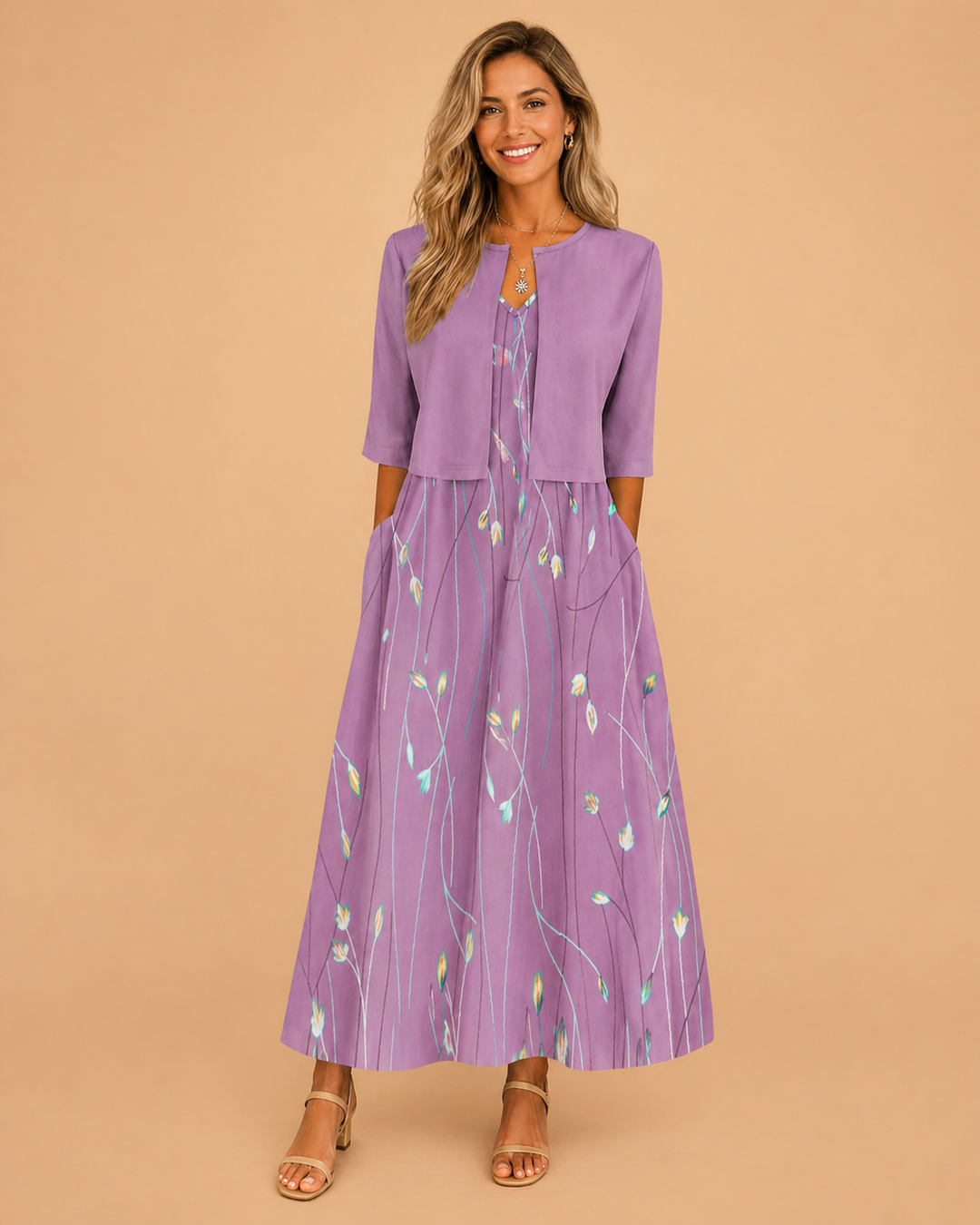Elegantes Midi-Blumenkleid für Damen Sommerkleid mit Taschen und halblangen Ärmeln 1