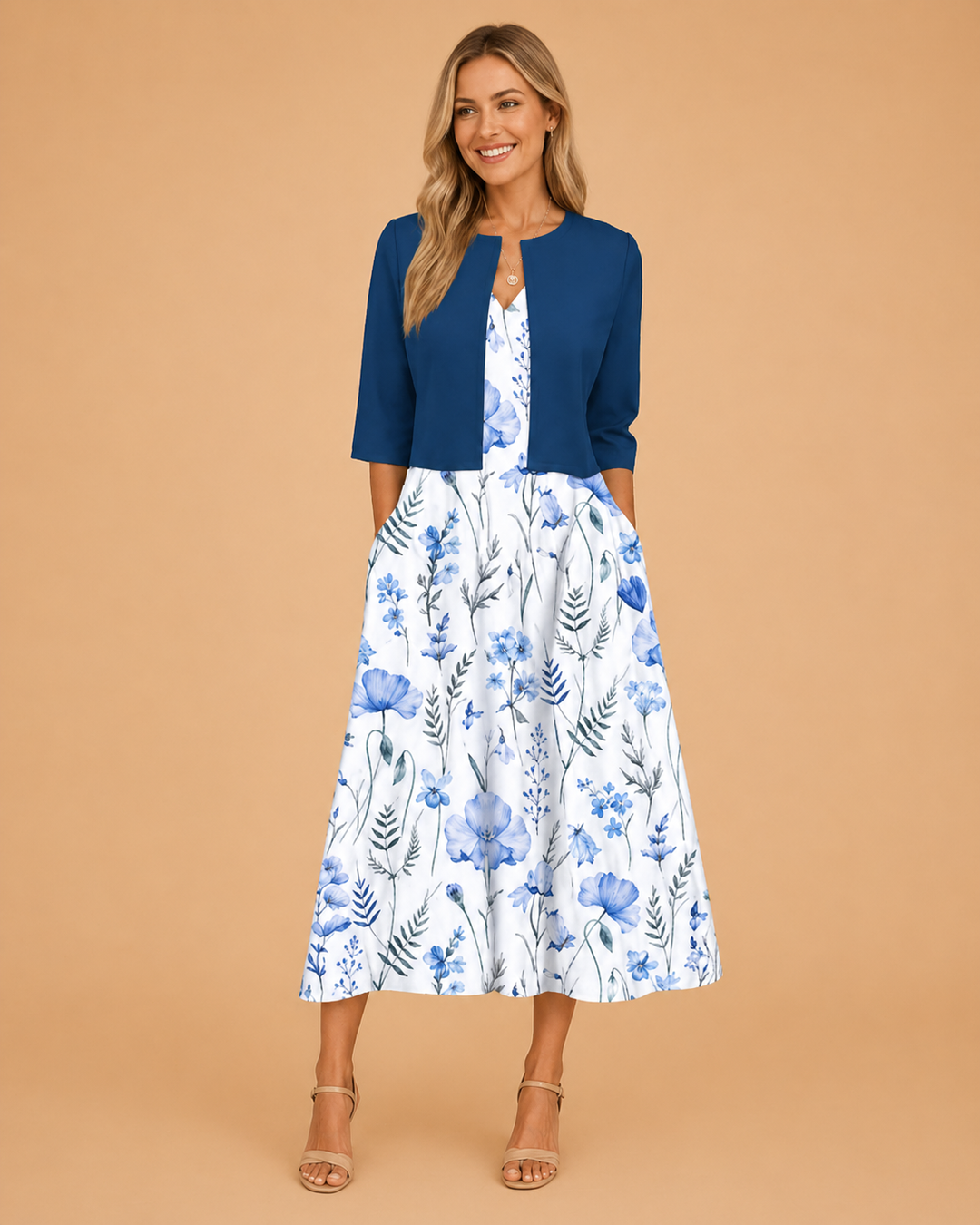 Elegantes Midi-Blumenkleid für Damen Sommerkleid mit Taschen und halblangen Ärmeln 2