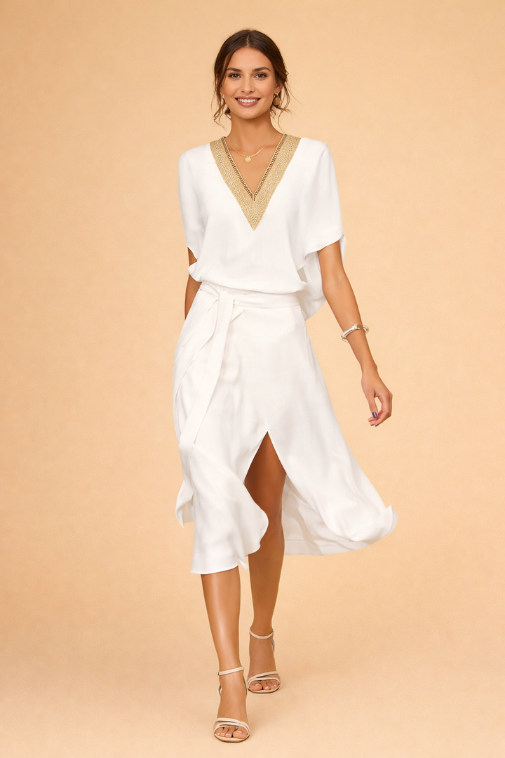 Elegantes Modernes Midikleid Damen V-Ausschnitt Weiß Vielseitig 0