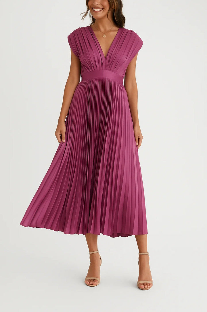 Elegantes Plissee-Midikleid mit V-Ausschnitt und betonter Taille für Damen 0