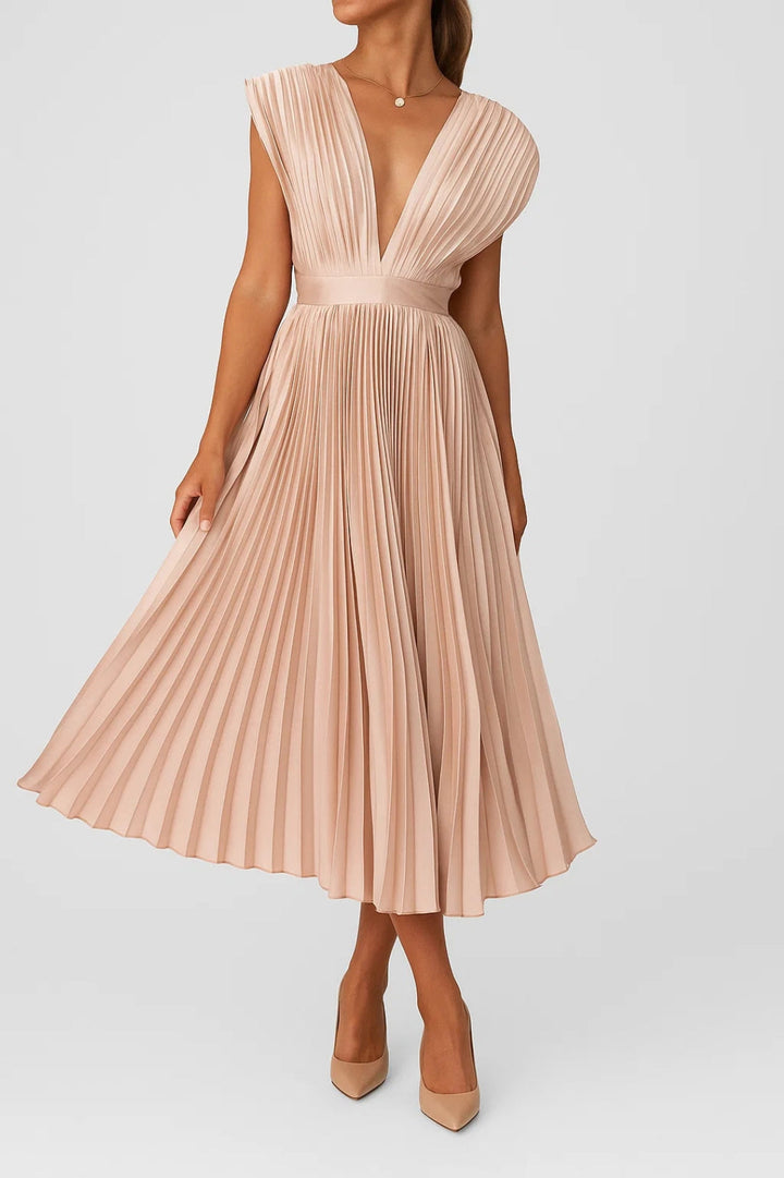 Elegantes Plissee-Midikleid mit V-Ausschnitt und betonter Taille für Damen 1