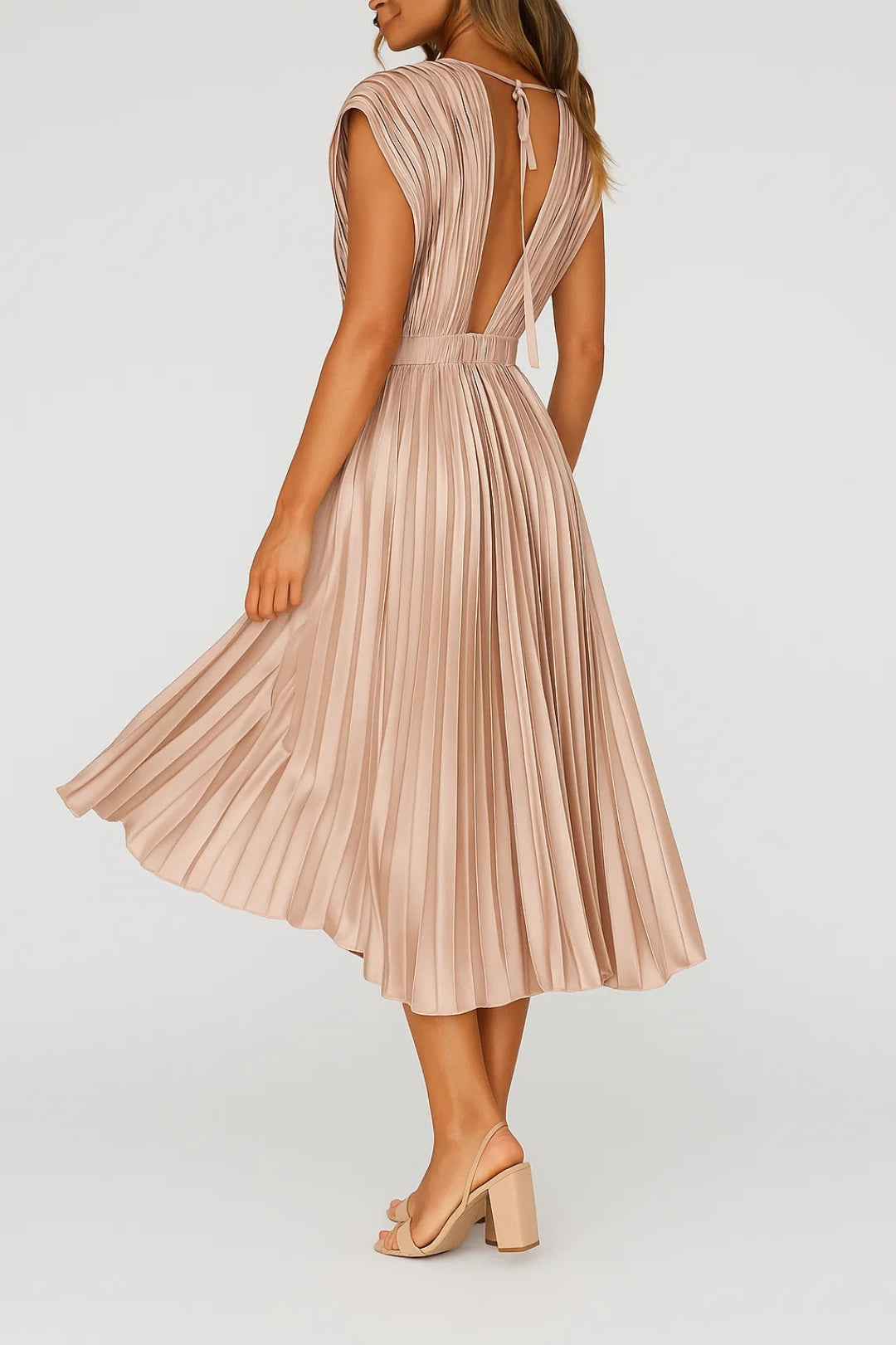 Elegantes Plissee-Midikleid mit V-Ausschnitt und betonter Taille für Damen 2
