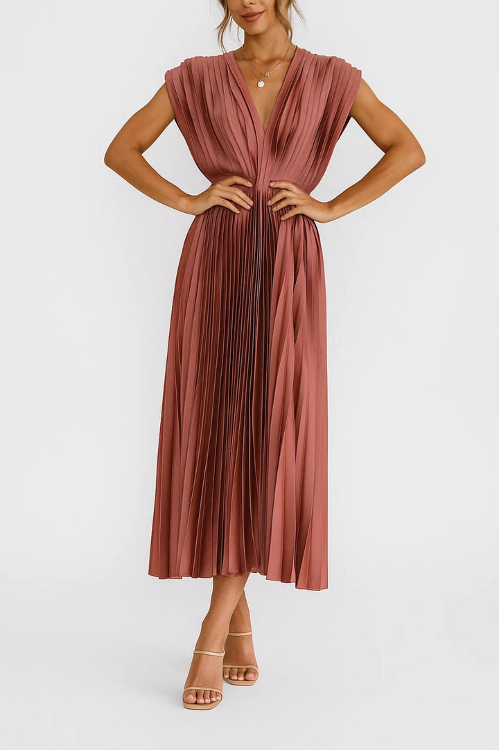 Elegantes Plissee-Midikleid mit V-Ausschnitt und betonter Taille für Damen 3