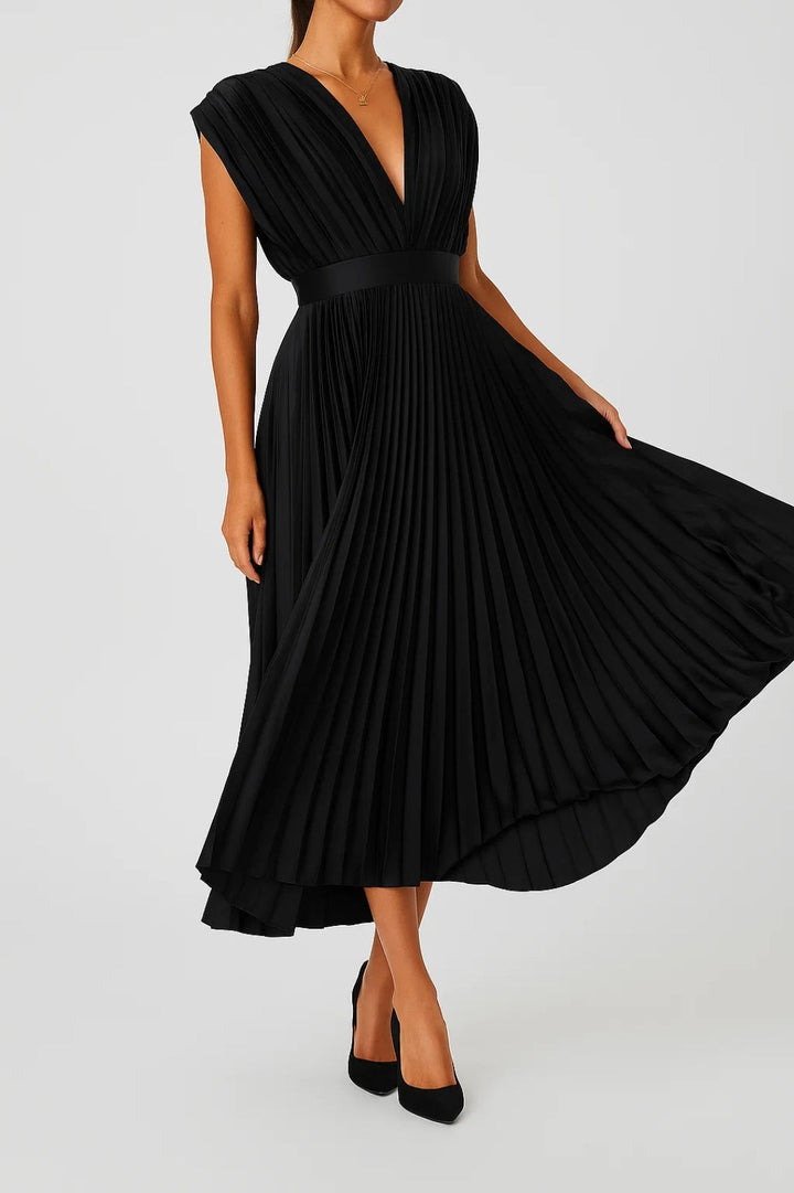 Elegantes Plissee-Midikleid mit V-Ausschnitt und betonter Taille für Damen 4