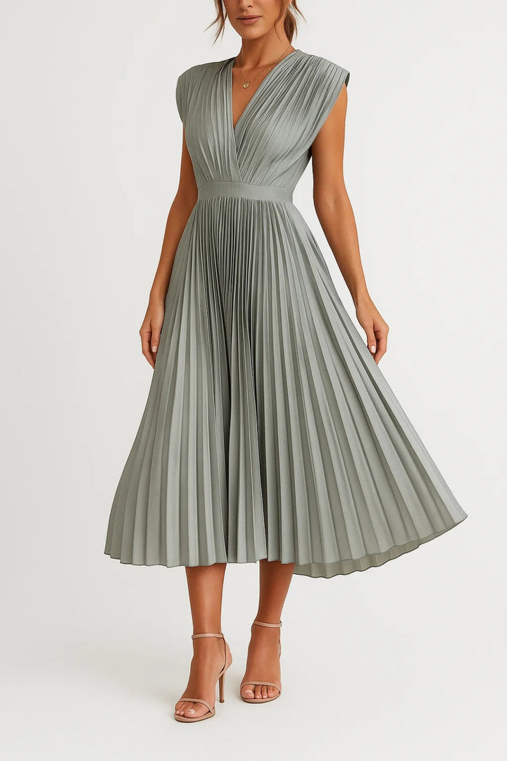 Elegantes Plissee-Midikleid mit V-Ausschnitt und betonter Taille für Damen 5