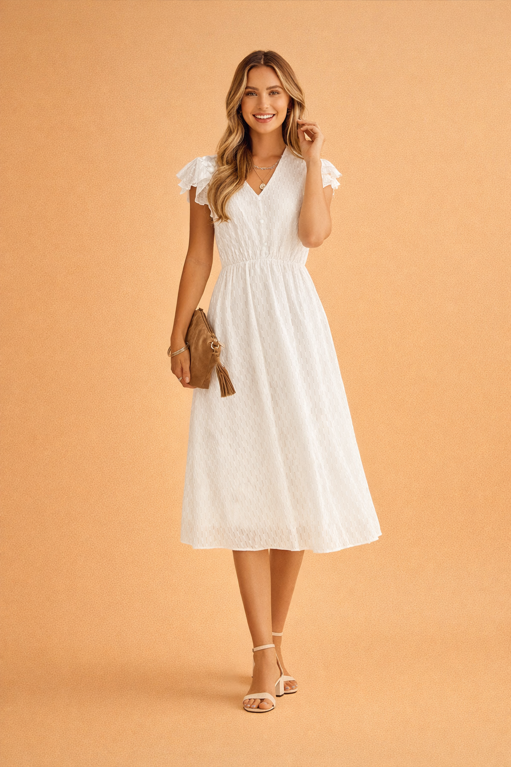 Elegantes Sommerkleid Damen Midi V-Ausschnitt Rüschen Ärmel Freizeitkleid 0