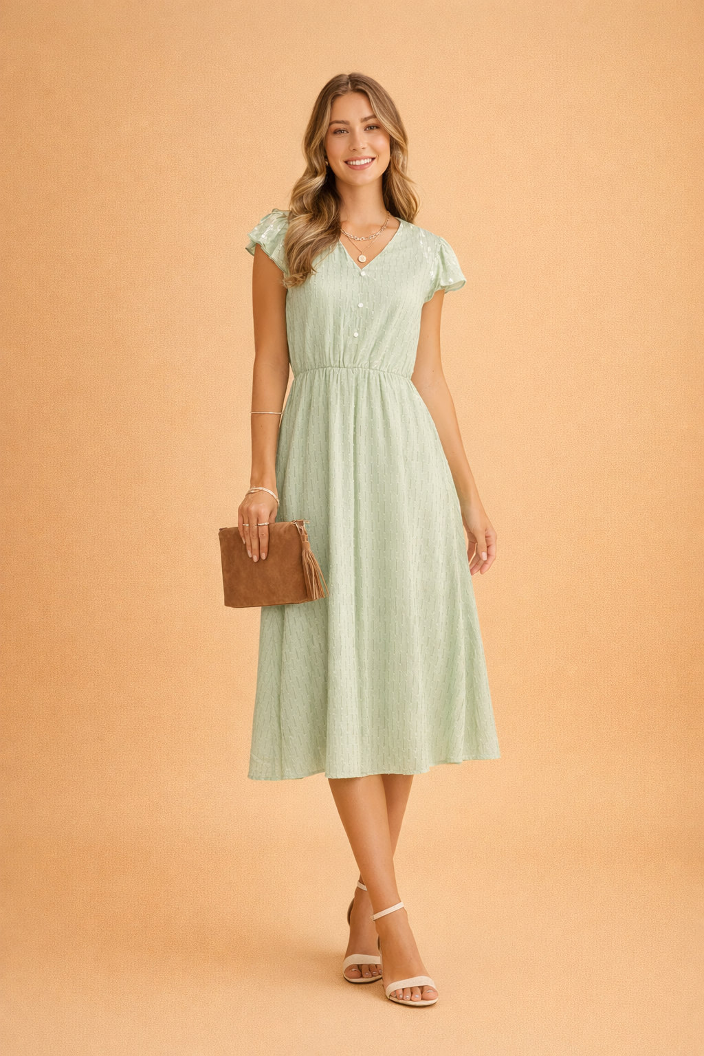 Elegantes Sommerkleid Damen Midi V-Ausschnitt Rüschen Ärmel Freizeitkleid 1
