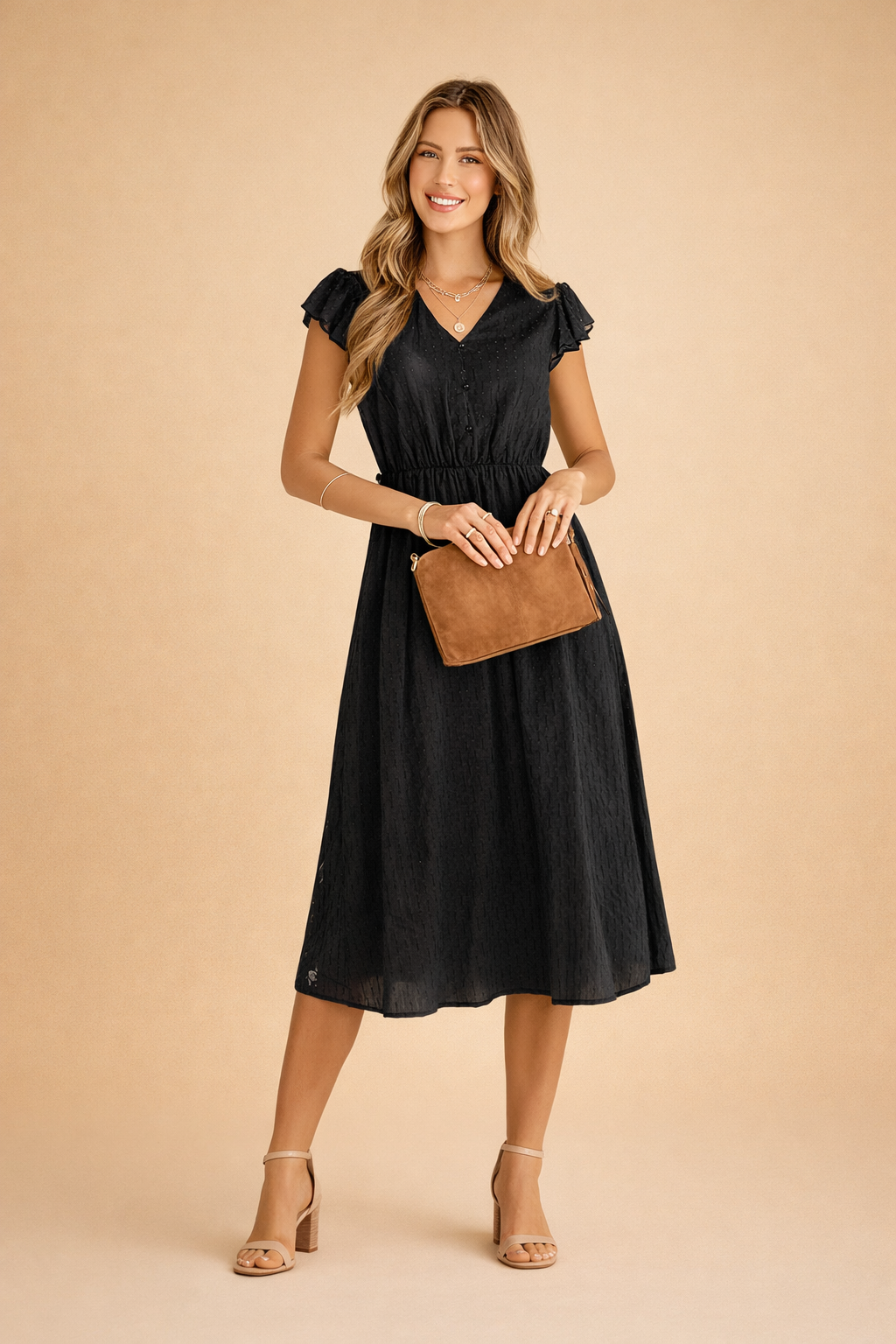 Elegantes Sommerkleid Damen Midi V-Ausschnitt Rüschen Ärmel Freizeitkleid 2