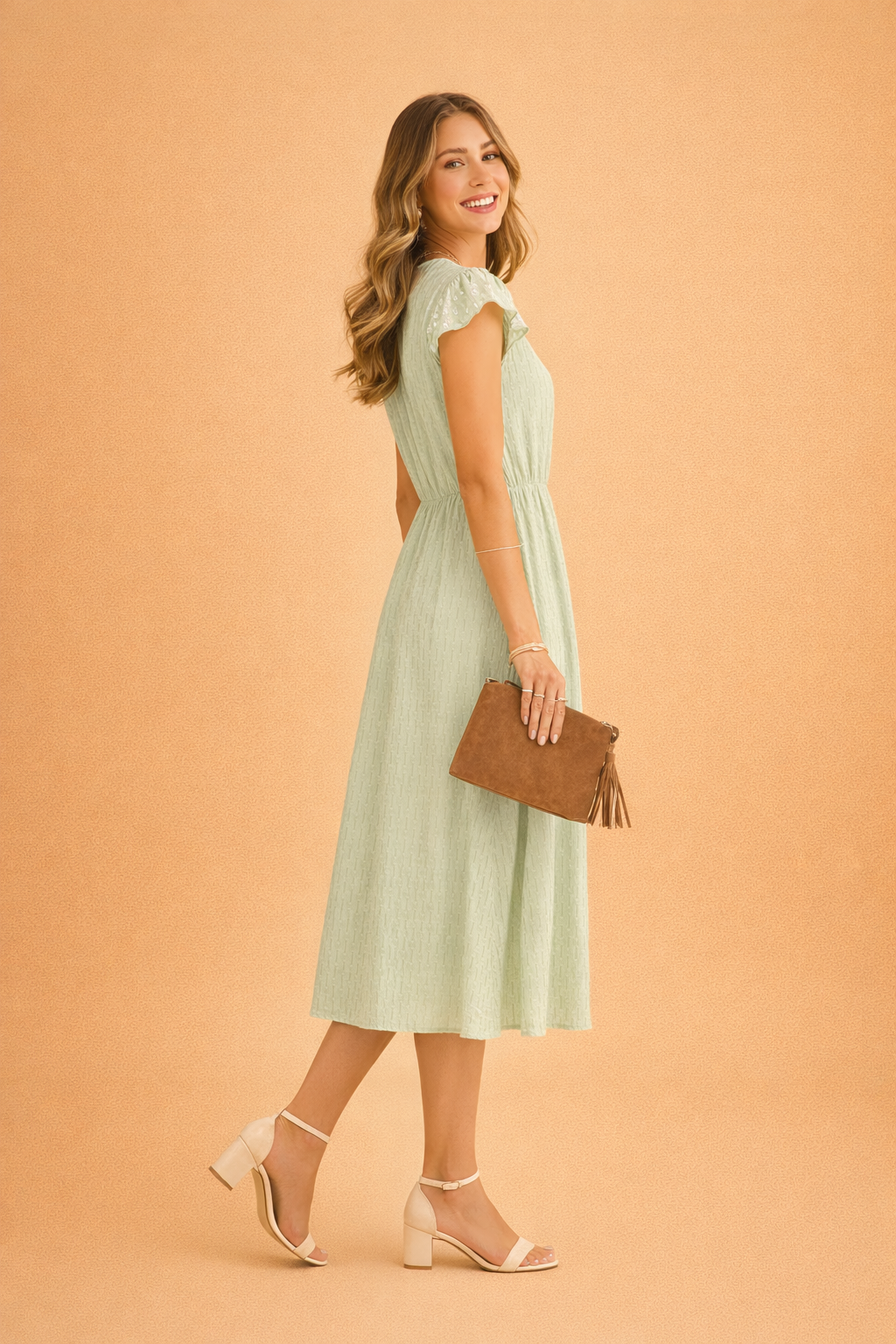 Elegantes Sommerkleid Damen Midi V-Ausschnitt Rüschen Ärmel Freizeitkleid 5