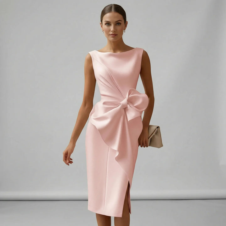 Elegantes ärmelloses Midi-Cocktailkleid mit Schleife für Damen, tailliert und figurbetont, ideal für Hochzeiten und Partys 0