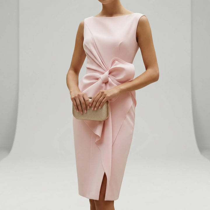 Elegantes ärmelloses Midi-Cocktailkleid mit Schleife für Damen, tailliert und figurbetont, ideal für Hochzeiten und Partys 2