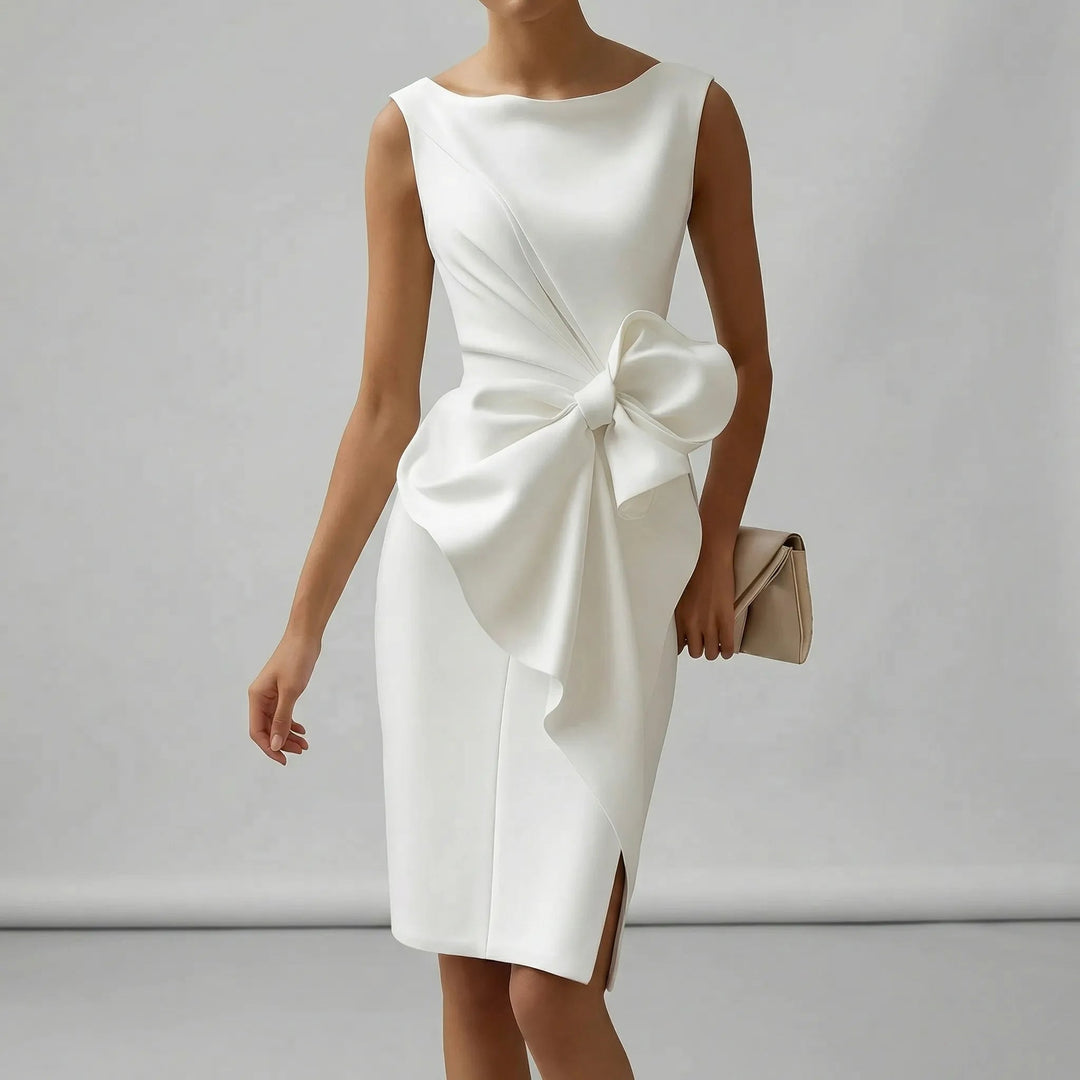 Elegantes ärmelloses Midi-Cocktailkleid mit Schleife für Damen, tailliert und figurbetont, ideal für Hochzeiten und Partys 4