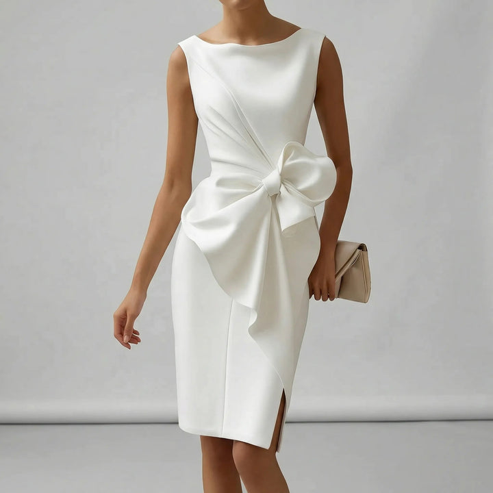 Elegantes ärmelloses Midi-Cocktailkleid mit Schleife für Damen, tailliert und figurbetont, ideal für Hochzeiten und Partys 4