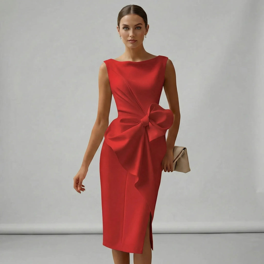 Elegantes ärmelloses Midi-Cocktailkleid mit Schleife für Damen, tailliert und figurbetont, ideal für Hochzeiten und Partys 6