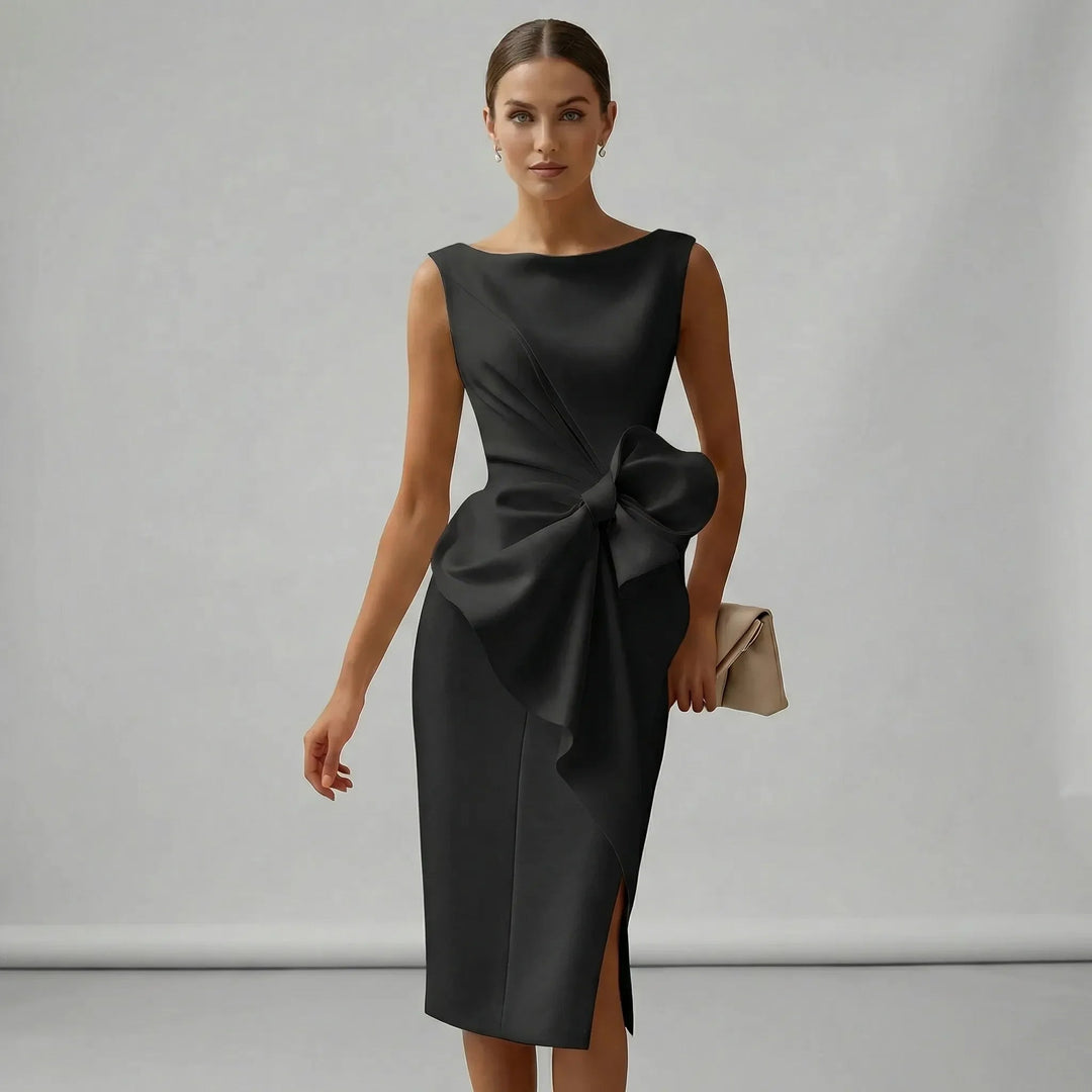 Elegantes ärmelloses Midi-Cocktailkleid mit Schleife für Damen, tailliert und figurbetont, ideal für Hochzeiten und Partys 7