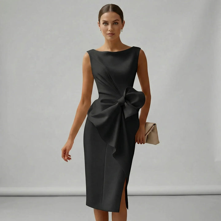 Elegantes ärmelloses Midi-Cocktailkleid mit Schleife für Damen, tailliert und figurbetont, ideal für Hochzeiten und Partys 7