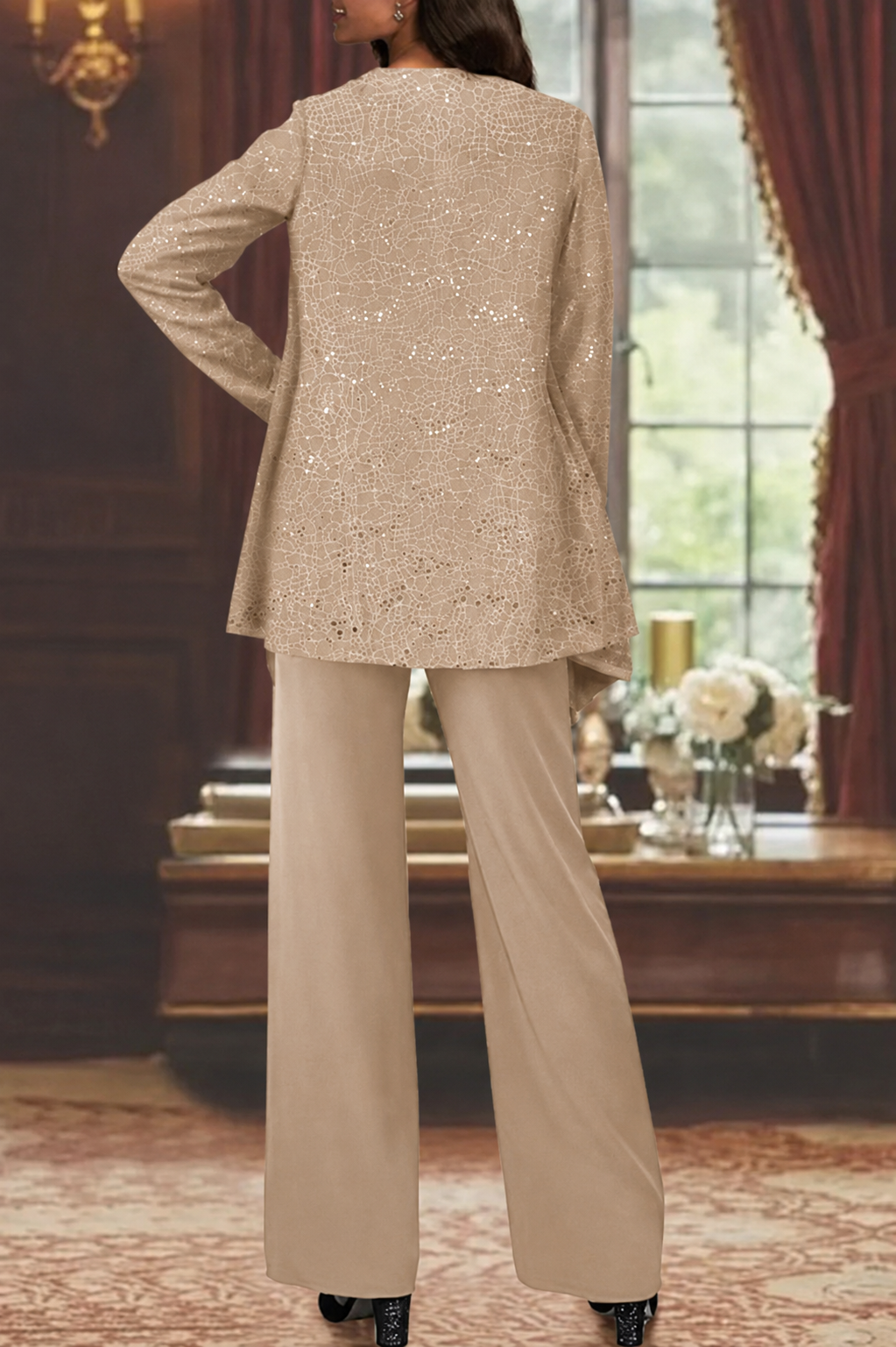 Eleganter Damen-Hosenanzug Mit Paillettenspitze Für Hochzeitsgäste – Dreiteiliges Set Mit Jacke, Oberteil Und Weiter Hose