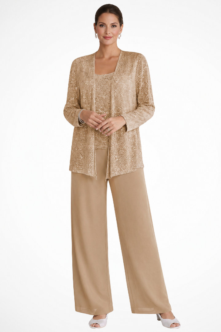 Eleganter Damen-Hosenanzug Mit Paillettenspitze Für Hochzeitsgäste – Dreiteiliges Set Mit Jacke, Oberteil Und Weiter Hose