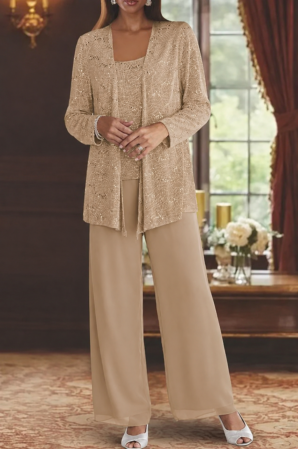 Eleganter Damen-Hosenanzug Mit Paillettenspitze Für Hochzeitsgäste – Dreiteiliges Set Mit Jacke, Oberteil Und Weiter Hose