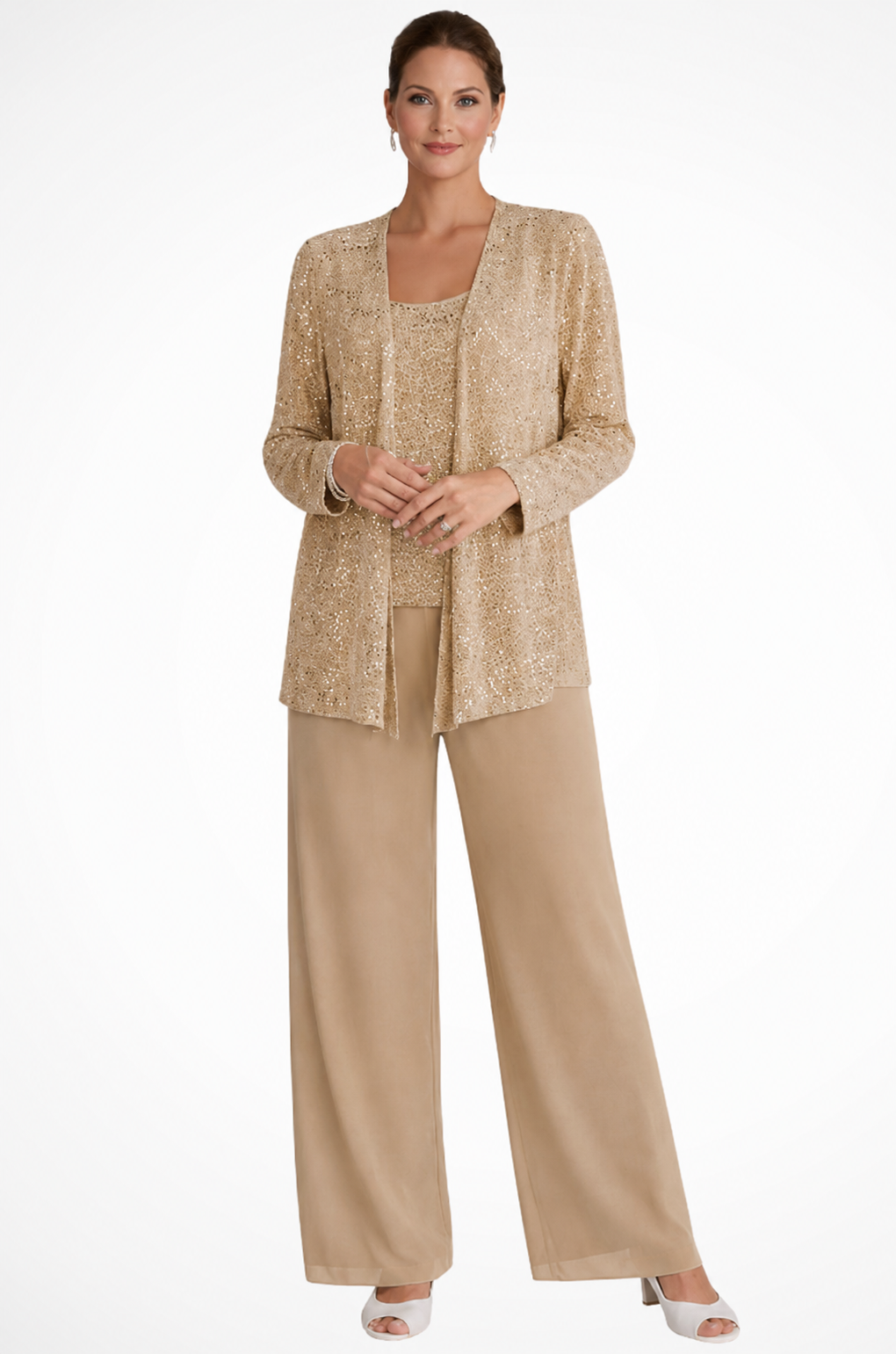 Eleganter Damen-Hosenanzug Mit Paillettenspitze Für Hochzeitsgäste – Dreiteiliges Set Mit Jacke, Oberteil Und Weiter Hose