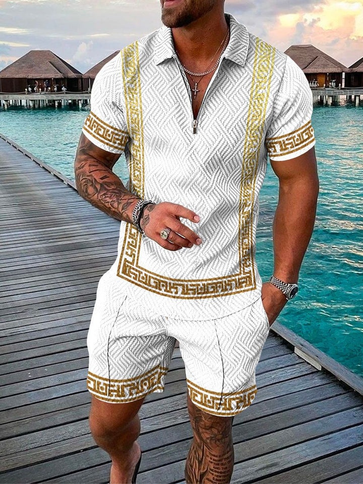  Zwei -teiliger Herren -Set - strukturierte Kurzarmier -Reißverschluss Polo & passende Shorts - Casual Wear-2