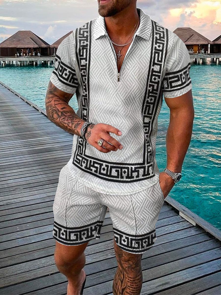  Zwei -teiliger Herren -Set - strukturierte Kurzarmier -Reißverschluss Polo & passende Shorts - Casual Wear-3