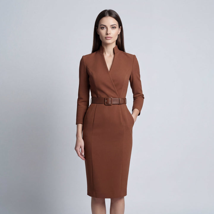 Festliches Kleid Damen Midi-Etuikleid mit V-Ausschnitt und Gürtel für Elegante Anlässe 0