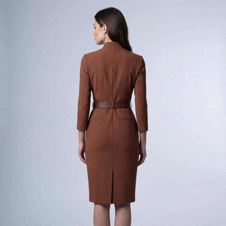 Festliches Kleid Damen Midi-Etuikleid mit V-Ausschnitt und Gürtel für Elegante Anlässe 1