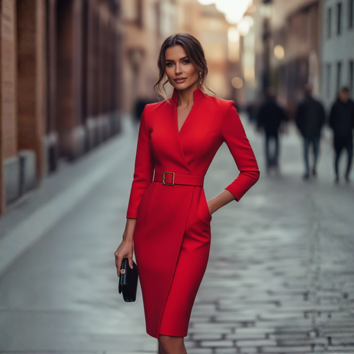 Festliches Kleid Damen Midi-Etuikleid mit V-Ausschnitt und Gürtel für Elegante Anlässe 7