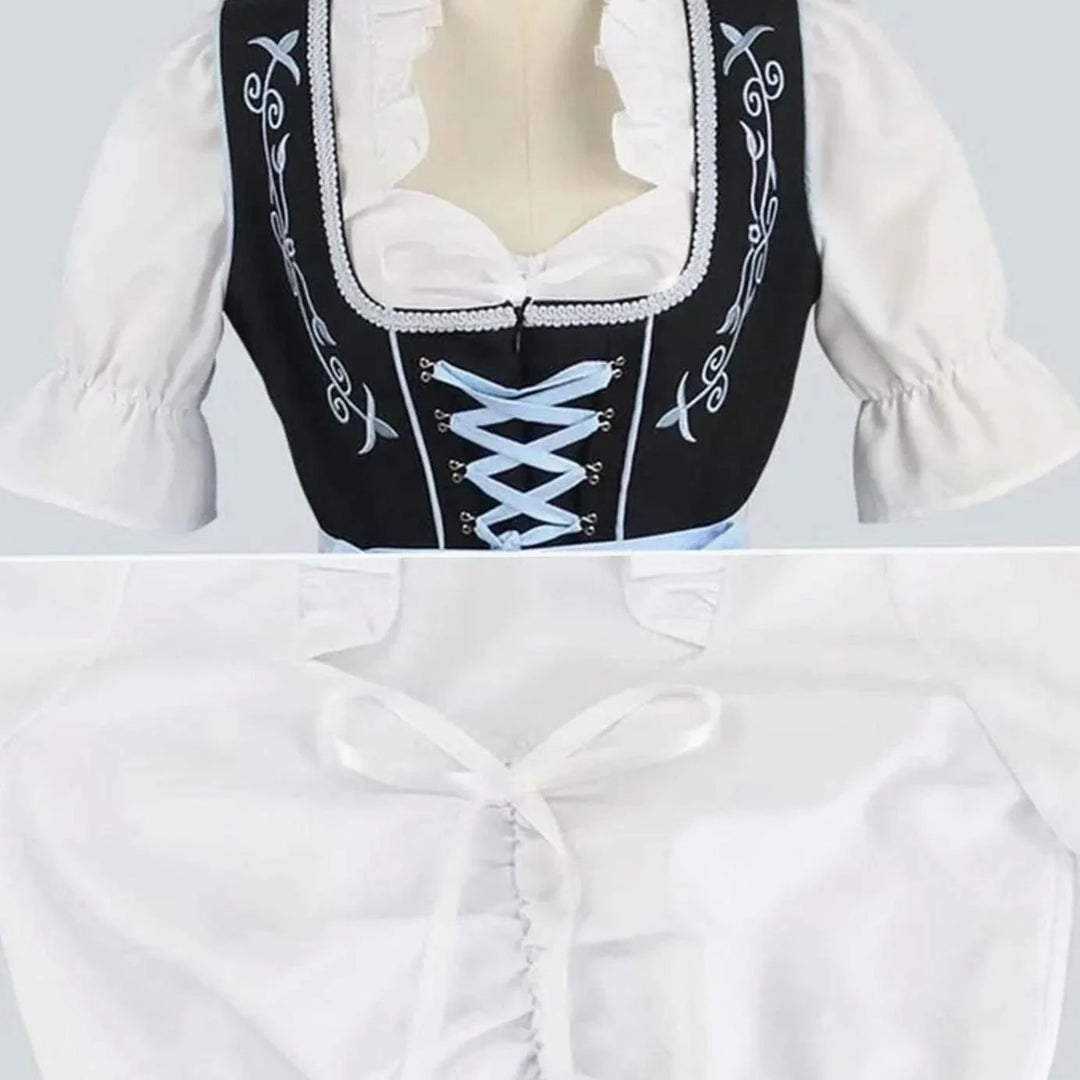 Greta | Damen Dirndl-Set Schwarz Hellblau mit Stickerei Schürze Bluse 2