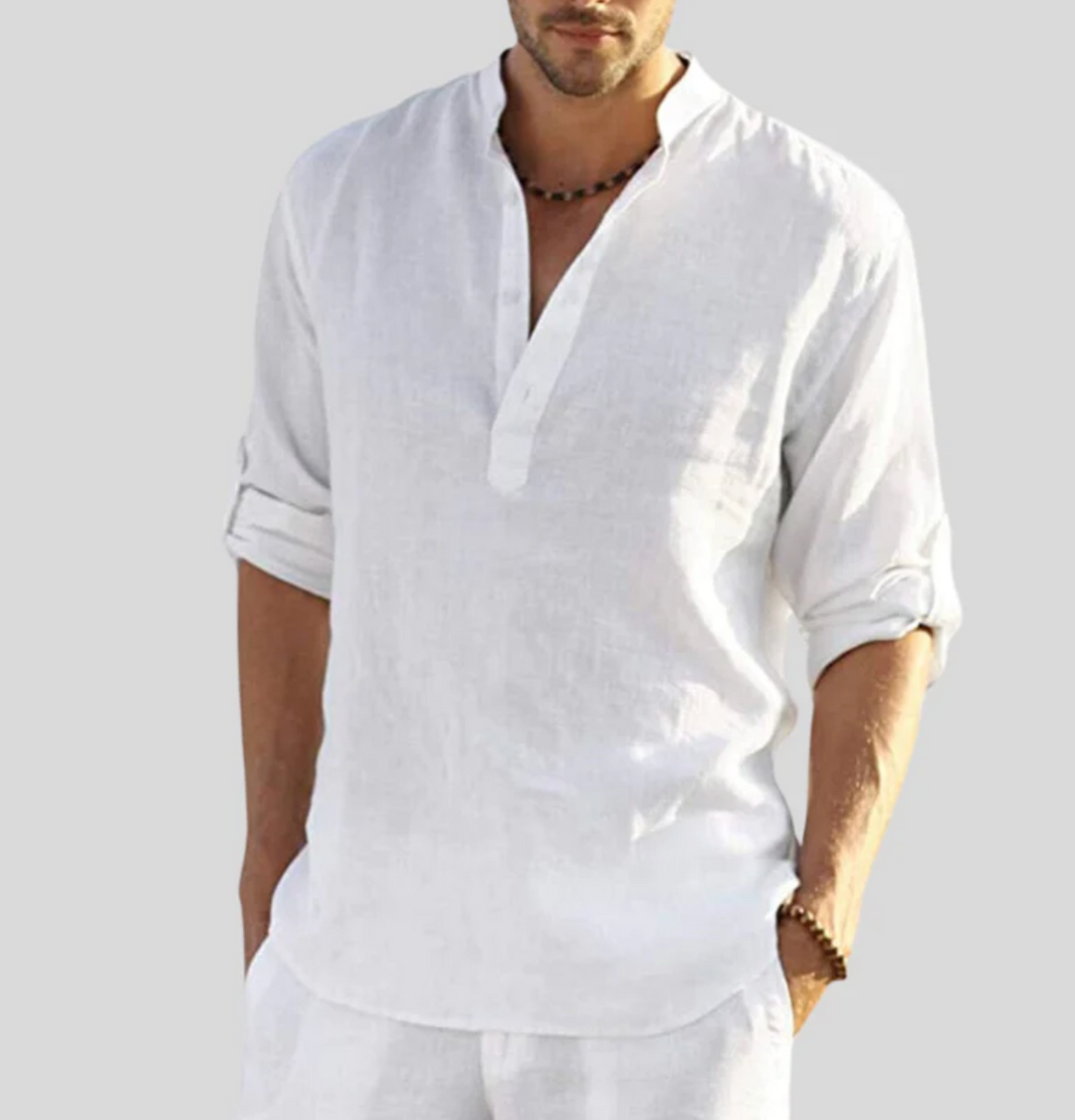 Herren Leinenhemd mit V-Ausschnitt für eleganten Look 0