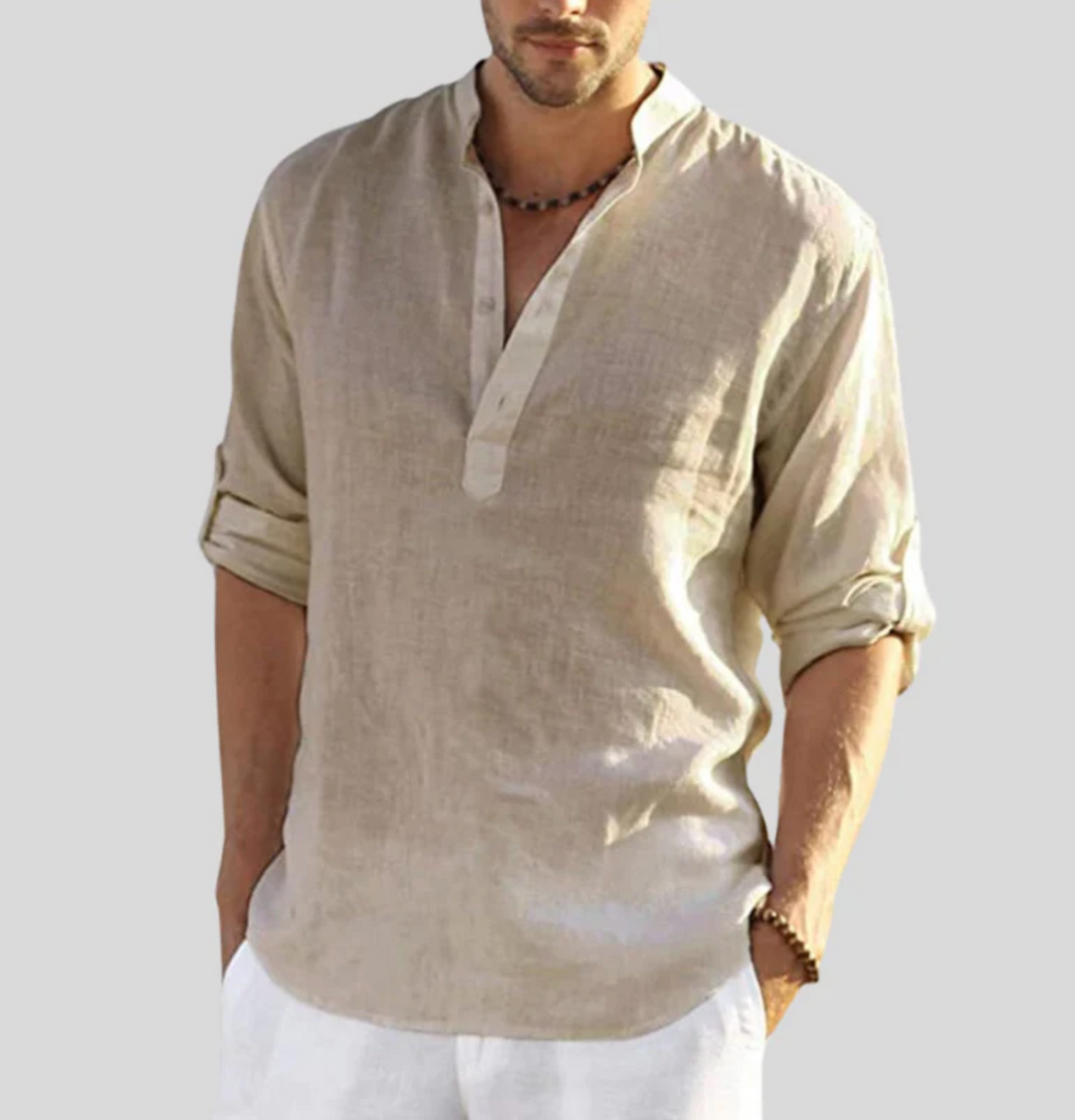 Herren Leinenhemd mit V-Ausschnitt für eleganten Look 1
