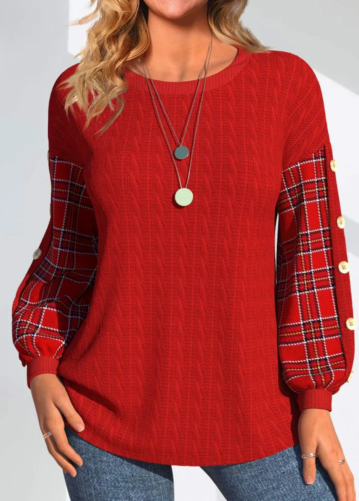 Ida | Roter Pullover mit karierten Ärmeln 0