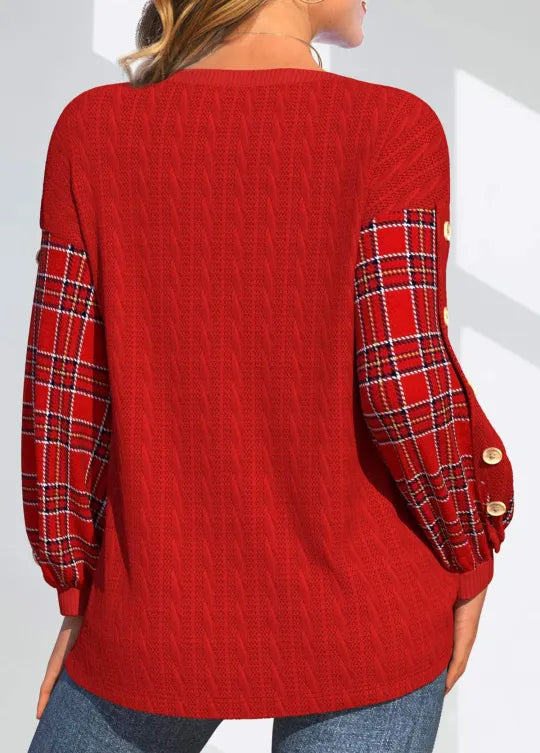 Ida | Roter Pullover mit karierten Ärmeln 1