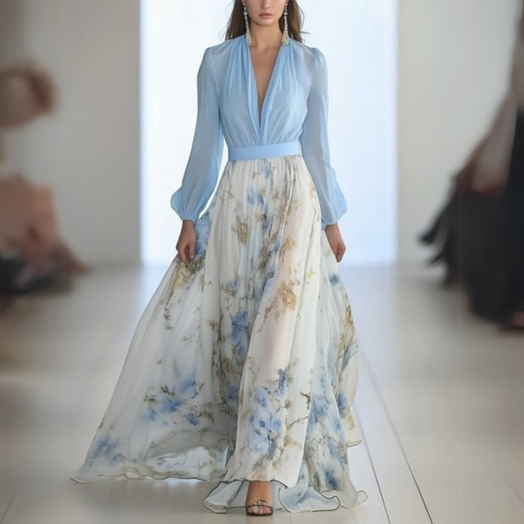 Kleider Damen Elegantes Blumenkleid Mit V-Ausschnitt für Festliche Anlässe - Hochzeitsgast Kleid, Feminine Silhouette 0