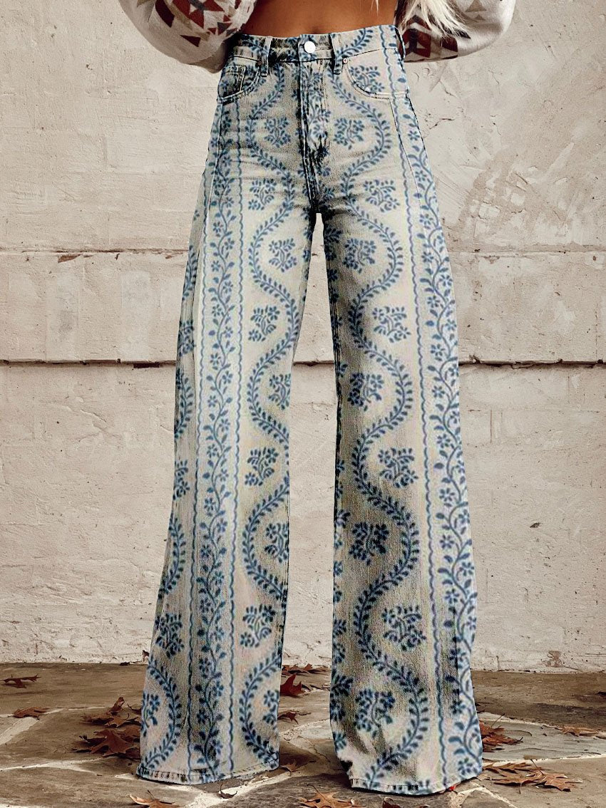 LENA BLAU GEMUSTERT BREIT GESCHNITTETE HOSE 0