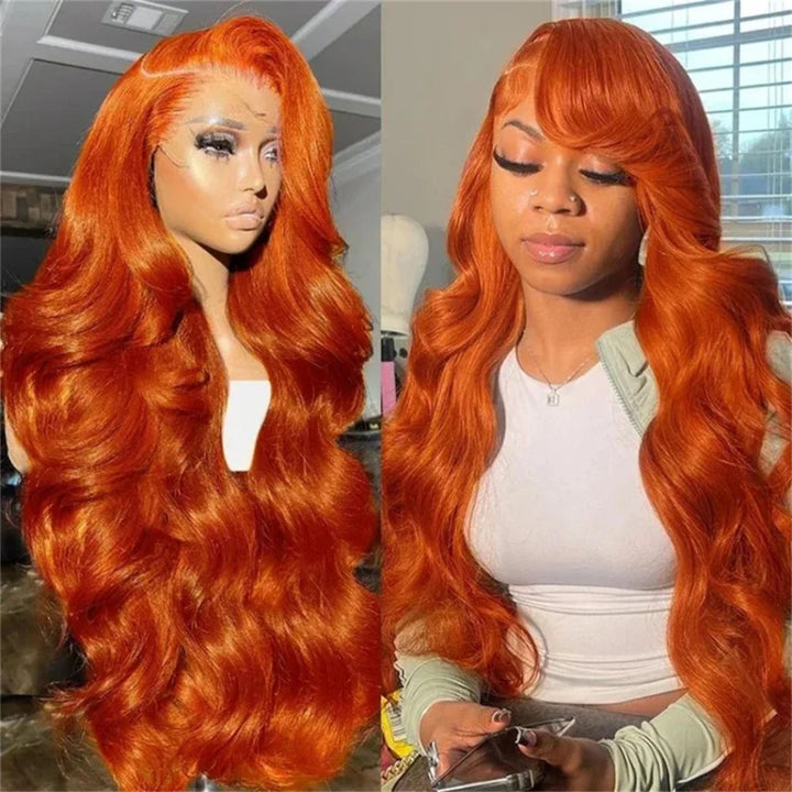 Lange, gewellte, orange-rote Lace-Front-Perücke 0