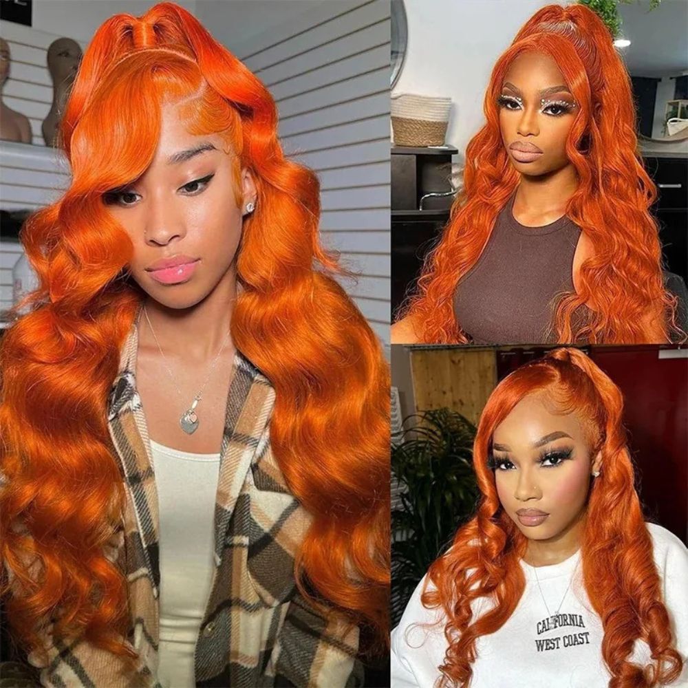 Lange, gewellte, orange-rote Lace-Front-Perücke 3