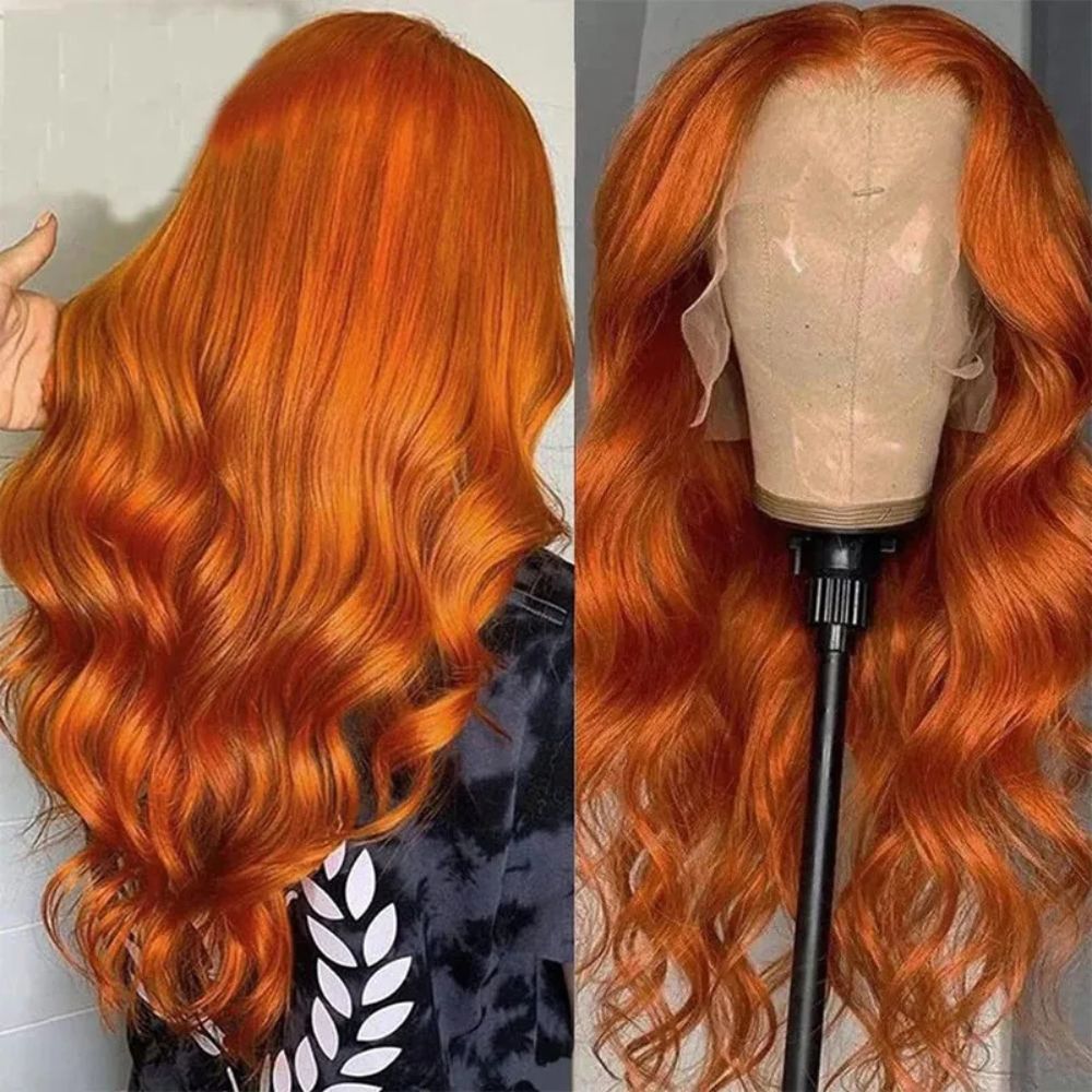 Lange, gewellte, orange-rote Lace-Front-Perücke 4
