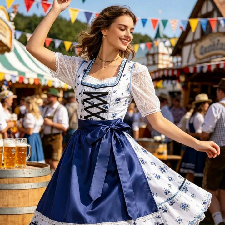 Luisa | Damen Oktoberfest Dirndl Trachtenkleid mit Blumenmuster Schürze und Spitzenbluse 1