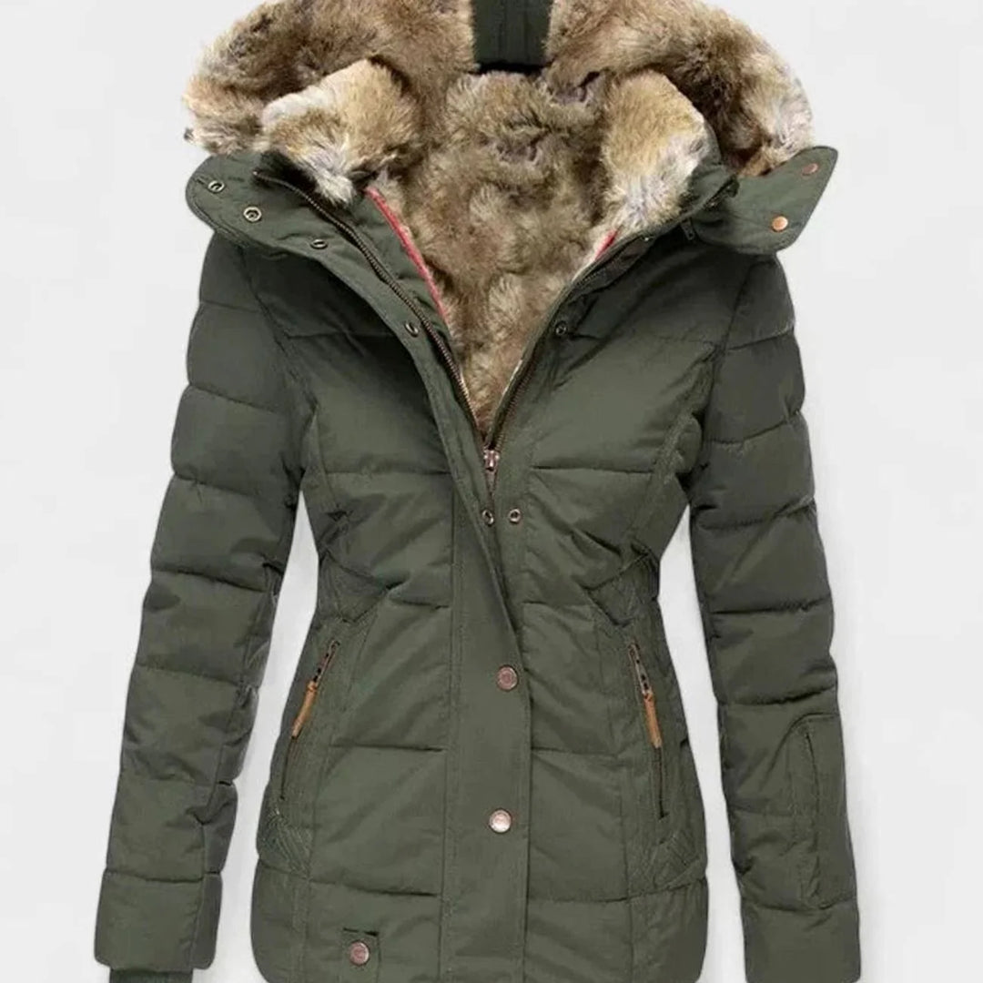 Marlene | Damen Gefütterte Winterjacke mit Kunstfell-Kapuze und Taille 1