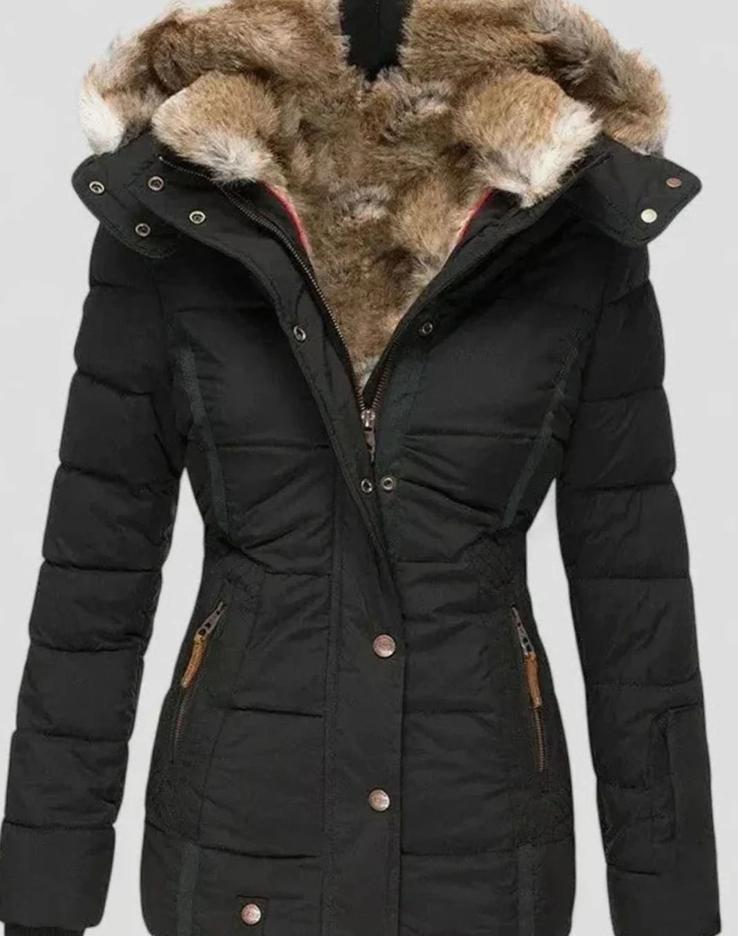 Marlene | Damen Gefütterte Winterjacke mit Kunstfell-Kapuze und Taille 2
