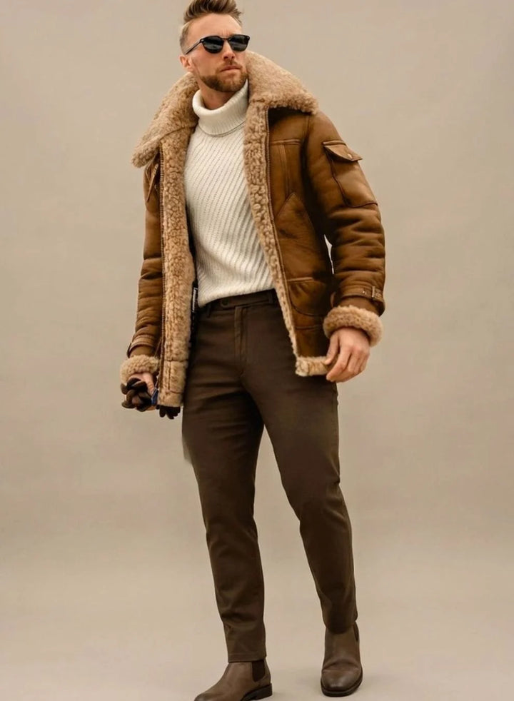 Maximilian | Herren Winterjacke gefüttert Kunstfell Leder-Optik Fliegerjacke 0