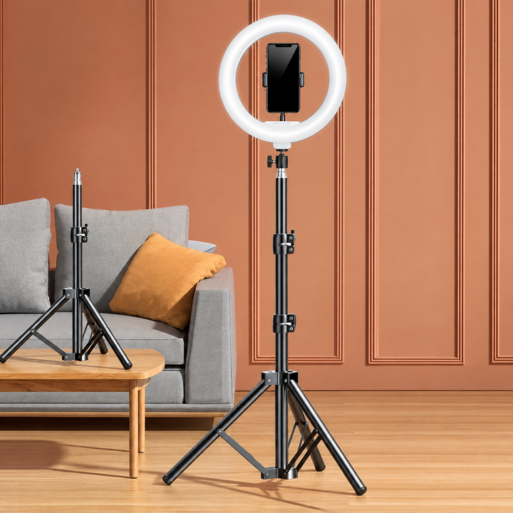 LED -Ringlicht mit verstellbarem Stativ und Telefonhalter für Selfies und Videoaufzeichnung